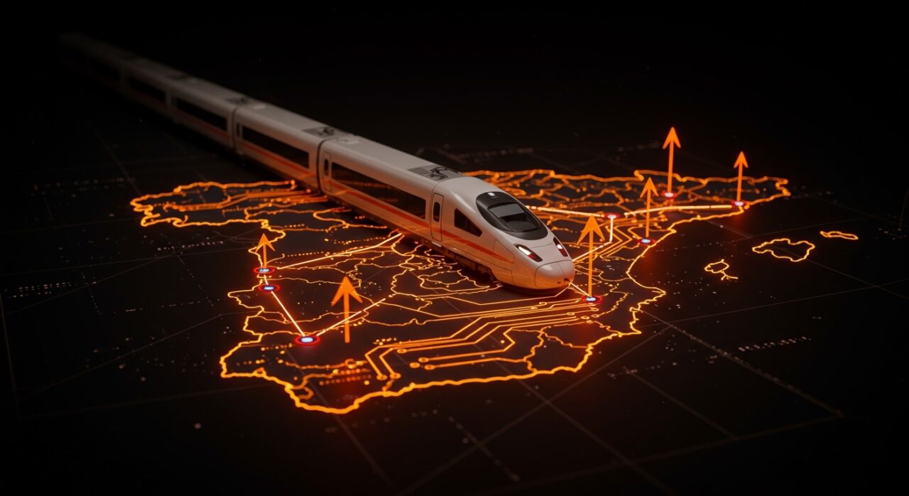 Tren de alta velocidad en la red ferroviaria española destacando las oportunidades para startups en infraestructura y transporte.