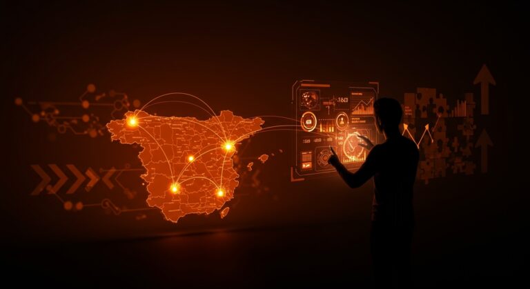 Déficit comercial entre España y China ilustrado con rutas digitales y cadenas de suministro para startups y mercado internacional.