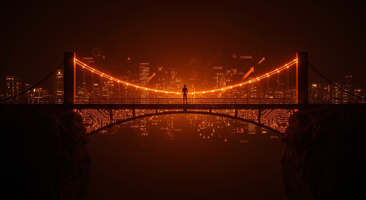 Puente digital entre España y China representando relaciones comerciales y estratégicas en la UE con influencias geopolíticas.