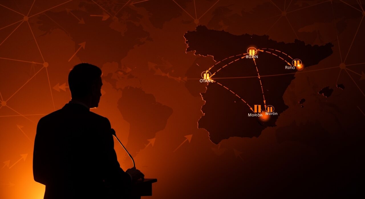 Bases militares estadounidenses en España marcadas en un mapa con un líder político mirando, ilustrando tensión geopolítica y estratégica tras la posible retirada de fuerzas.