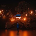 Estonia rechaza la prohibición de redes sociales para niños en la UE representado mediante metáforas visuales de regulación digital y protección infantil en entornos tecnológicos.