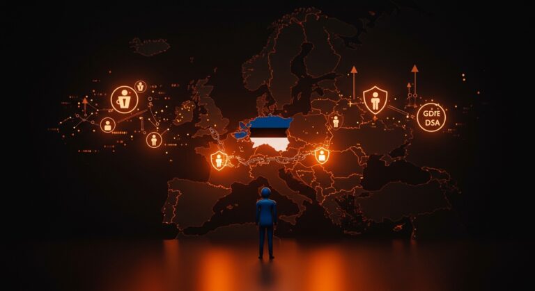 Estonia rechaza la prohibición de redes sociales para niños en la UE representado mediante metáforas visuales de regulación digital y protección infantil en entornos tecnológicos.