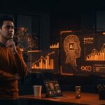 Fundador de startup hispano frente a interfaz digital con principios éticos en IA, destacando la ética en tecnología para startups.