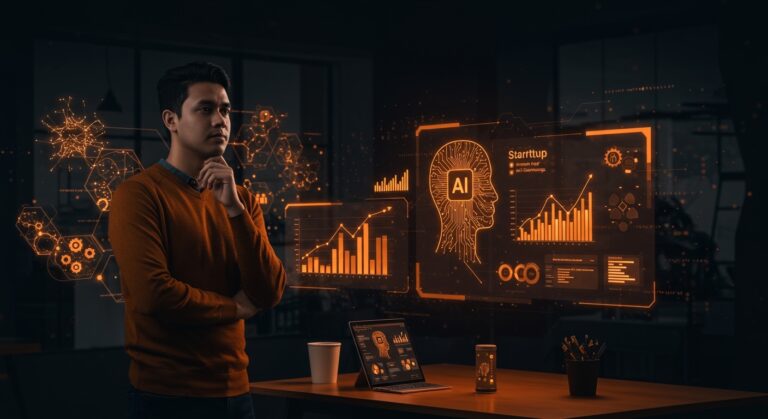 Fundador de startup hispano frente a interfaz digital con principios éticos en IA, destacando la ética en tecnología para startups.