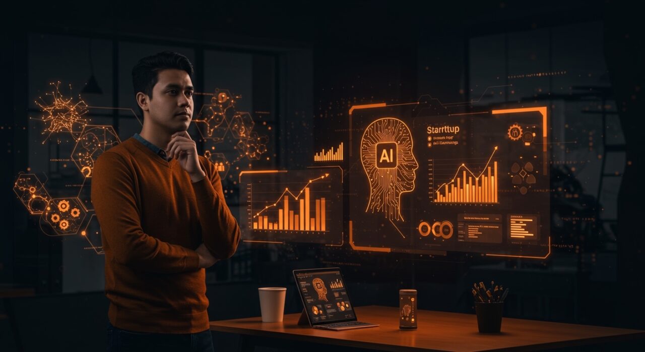 Fundador de startup hispano frente a interfaz digital con principios éticos en IA, destacando la ética en tecnología para startups.