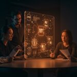 Fundadores de startups europeas analizando cambios regulatorios del Digital Omnibus 2025 en un entorno tecnológico moderno y dinámico.