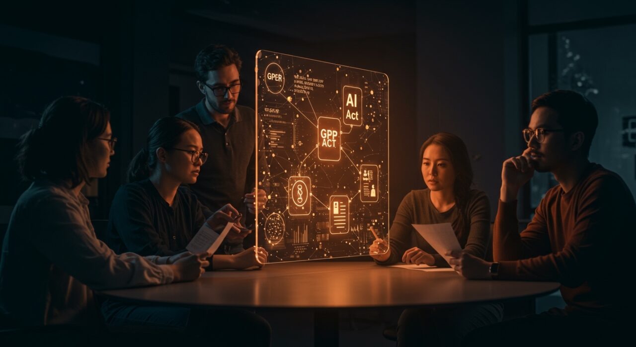 Fundadores de startups europeas analizando cambios regulatorios del Digital Omnibus 2025 en un entorno tecnológico moderno y dinámico.