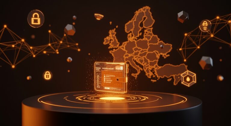 Representación futurista de la cartera digital europea EUDI Wallet 2026 con países piloto y elementos de identidad digital y verificación segura.