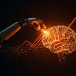 ETF activo en robótica representado por un brazo robótico ensamblando un cerebro mecánico iluminado, simbolizando inversión tecnológica y automatización.
