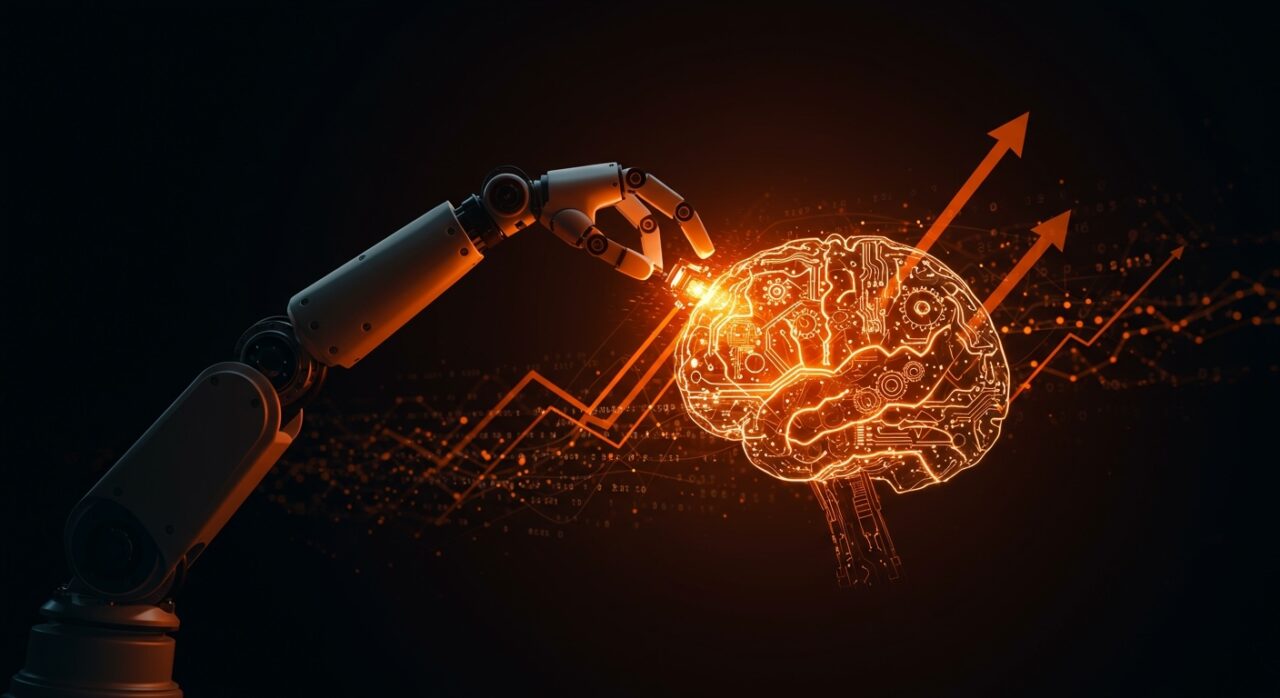 ETF activo en robótica representado por un brazo robótico ensamblando un cerebro mecánico iluminado, simbolizando inversión tecnológica y automatización.