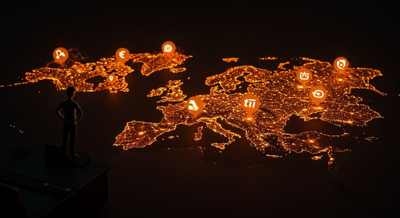 Startup europea frente a un mapa digital iluminado que simboliza la soberanía tecnológica y el impulso del software soberano en Europa.
