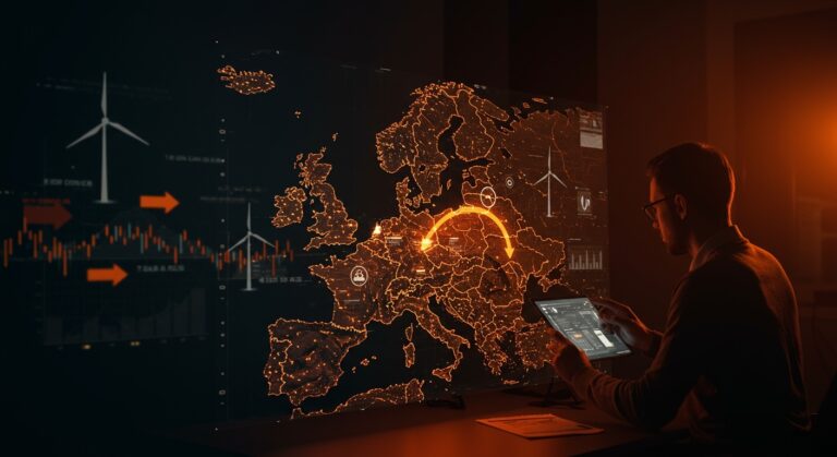 Founder analizando el cambio del mercado energético europeo del gas ruso al estadounidense con símbolos de crisis energética y renovables.