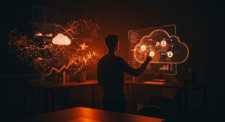 David Crawshaw fundador de exe.dev frente a interfaz futurista de infraestructura cloud y agentes IA en ambiente ecosistema startup naranja y negro.