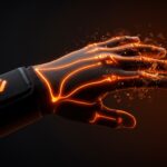 Guante compresivo EXOHAND en mano gamer, tecnología biomecánica para prevenir lesiones en esports, innovación chilena en salud.