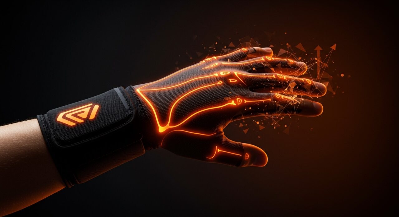 Guante compresivo EXOHAND en mano gamer, tecnología biomecánica para prevenir lesiones en esports, innovación chilena en salud.