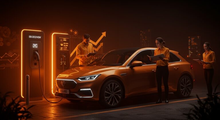 Vehículo eléctrico usado cargando en estación urbana futurista, simbolizando la movilidad sostenible y tendencias del mercado eléctrico.