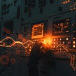 Malware Fast16 saboteando infraestructura industrial con efectos visuales de ciberseguridad y sabotaje industrial destacados en paleta naranja y negro.