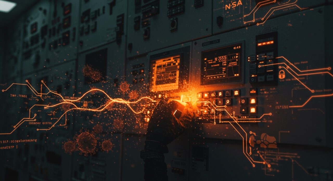 Malware Fast16 saboteando infraestructura industrial con efectos visuales de ciberseguridad y sabotaje industrial destacados en paleta naranja y negro.