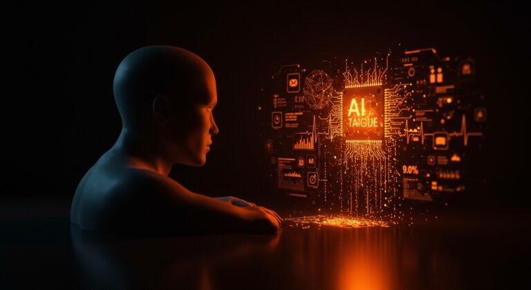 Representación artística de la fatiga de la IA mostrando desconexión emocional y automatización humanizada en la experiencia de usuario digital.