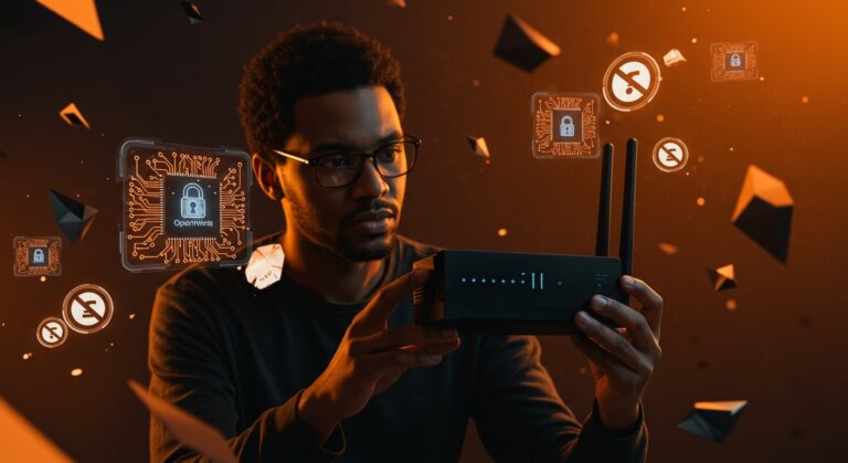 Fundador de startup analizando un router ante la prohibición de la FCC, simbolizando el impacto en hardware libre y redes domésticas bajo regulación tecnológica.