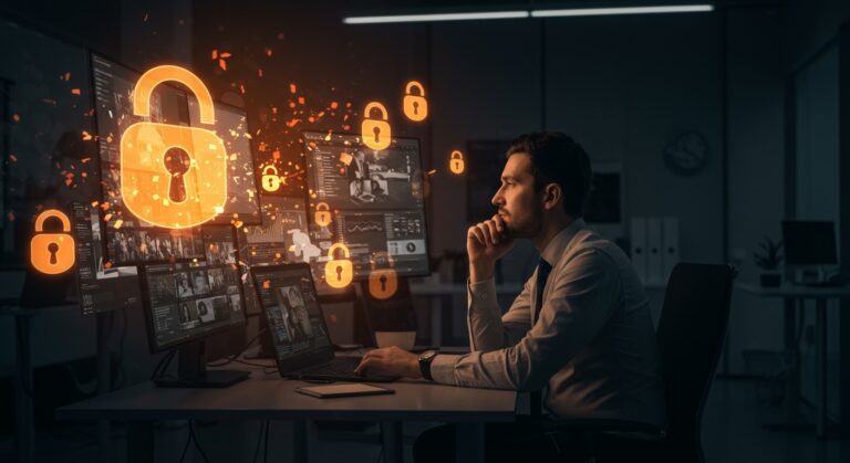 Riesgos legales en servicios de clipping para startups, concepto visual con análisis y protección de datos y copyright.