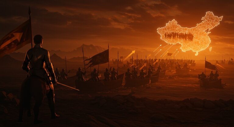 Felipe II planificando la conquista de China con soldados, ilustrando la estrategia imperial y lecciones para founders en la expansión española.