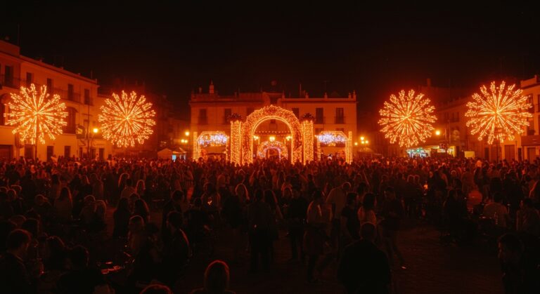 Vista nocturna de la Feria de Sevilla como macroevento con impacto económico y turístico, destacando oportunidades tecnológicas y ambiente festivo.
