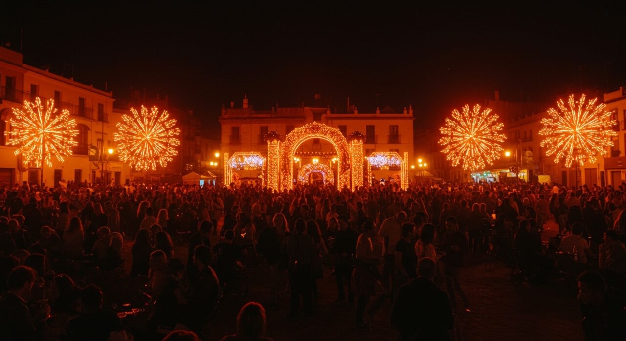 Vista nocturna de la Feria de Sevilla como macroevento con impacto económico y turístico, destacando oportunidades tecnológicas y ambiente festivo.