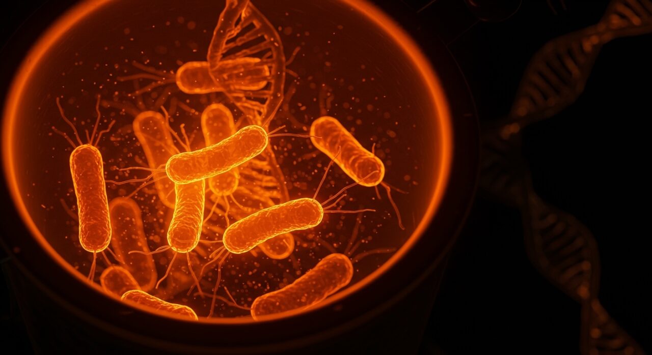 Bacterias genéticamente modificadas produciendo ingredientes raros en biomanufactura sostenible para startups de biotecnología.