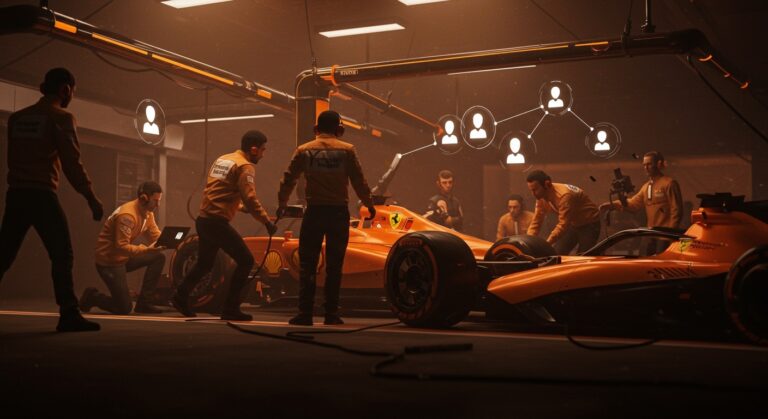 Equipos multidisciplinarios aplicando metodologías críticas de Ferrari F1 para optimizar procesos en startups tecnológicas.