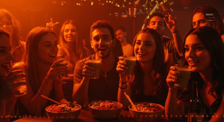 Fiesta sin alcohol en Madrid con jóvenes disfrutando de música, matcha y poke, reflejando la tendencia de ocio saludable y eventos de dopamina.