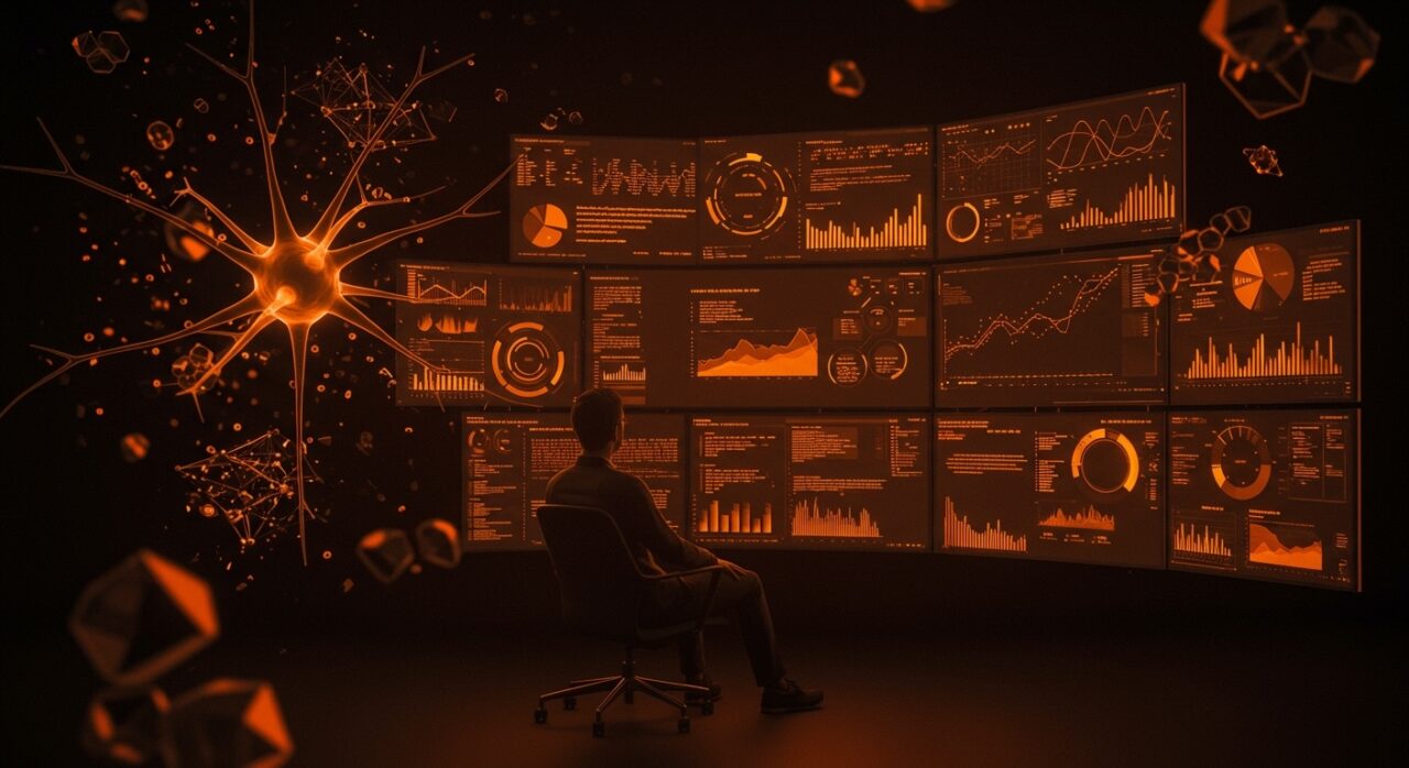 Fundador tecnológico analizando código y diagramas de IA, simbolizando filtración de Claude Code e integración de inteligencia artificial en startups.