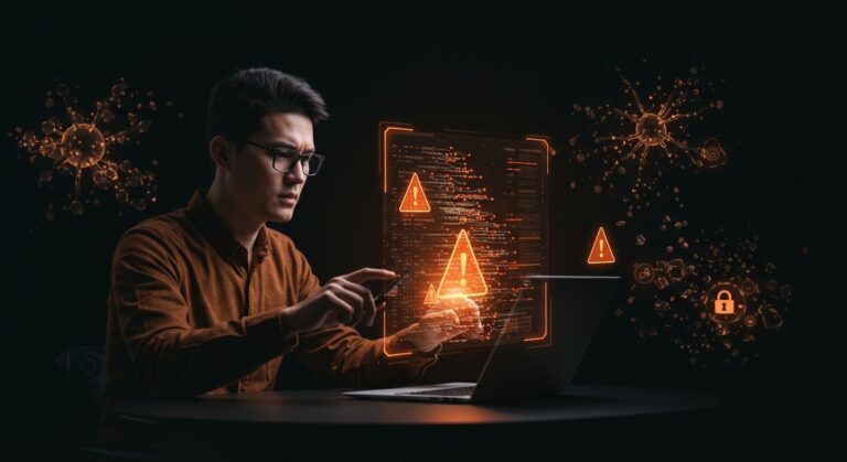 CTO analizando código IA filtrado con alertas de seguridad y símbolos de gobernanza en startups tecnológicas.