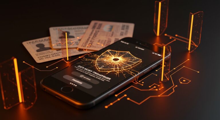 Filtración de datos en app fintech representada con interfaz de transferencia de dinero y escudo digital roto en paleta naranja y negro.