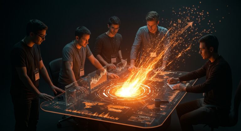 Financiamiento startups LATAM en Q1 2026 representado por emprendedores colaborando con gráficos digitales de inversión y flujos de capital en tonos naranja y negro.