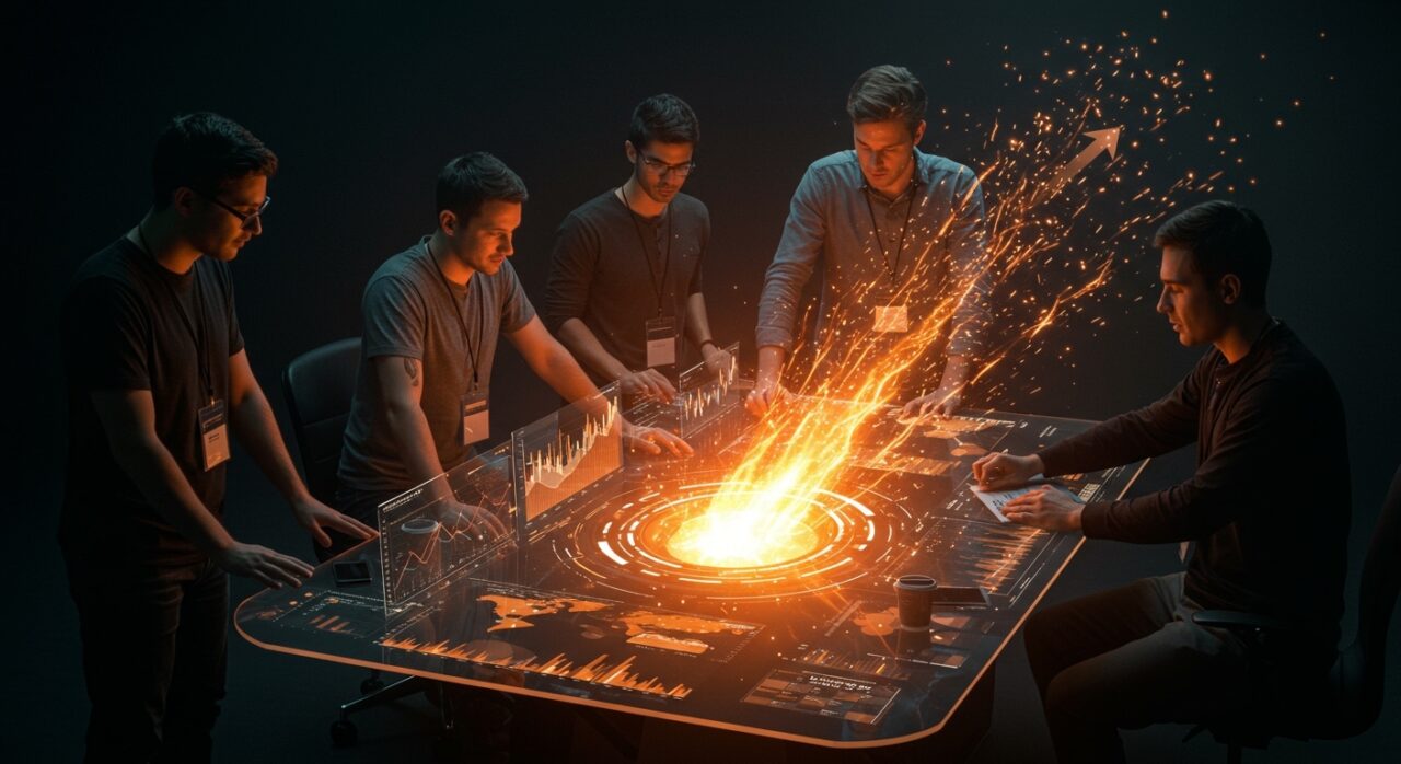 Financiamiento startups LATAM en Q1 2026 representado por emprendedores colaborando con gráficos digitales de inversión y flujos de capital en tonos naranja y negro.