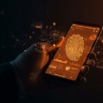 Smartphone con huella digital y abstracción de rastreo de navegador representando fingerprinting y privacidad digital en startups.