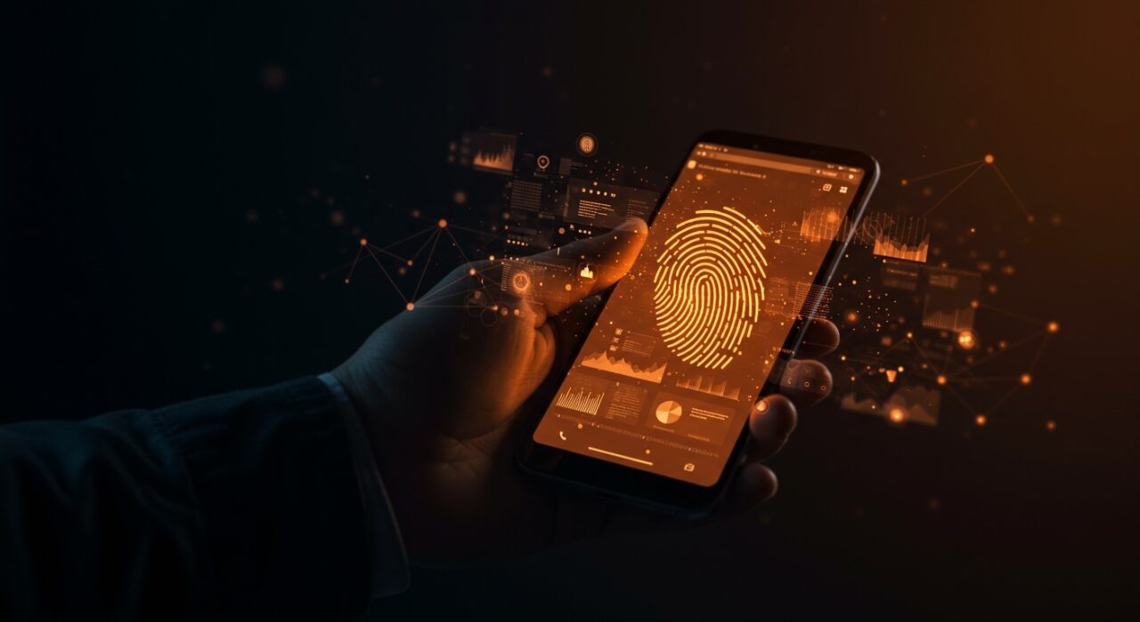 Smartphone con huella digital y abstracción de rastreo de navegador representando fingerprinting y privacidad digital en startups.