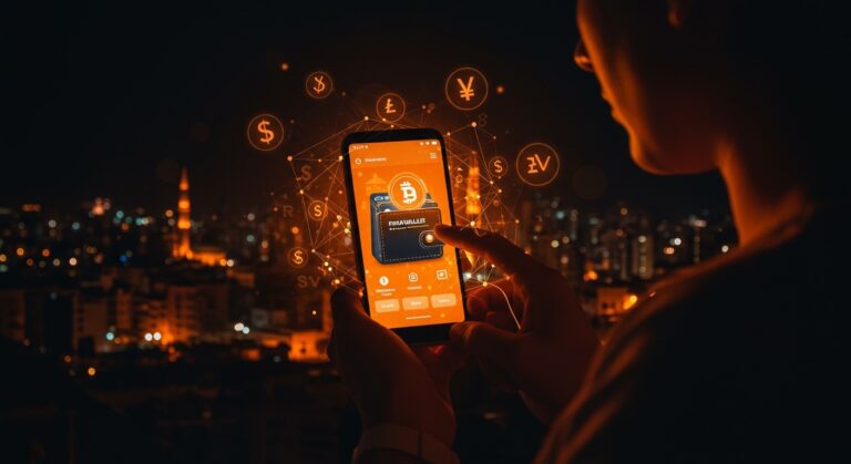 Uso de billeteras digitales y fintech para ayuda humanitaria en Líbano durante crisis financiera, representado con estética naranja y negra.