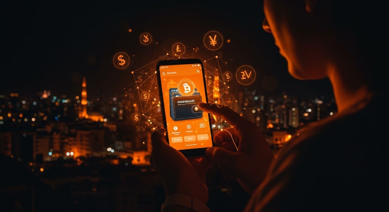 Uso de billeteras digitales y fintech para ayuda humanitaria en Líbano durante crisis financiera, representado con estética naranja y negra.