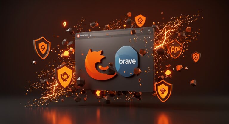 Integración del motor de Brave en Firefox 149 simbolizando mejora en privacidad web y bloqueo de anuncios con tecnología Rust.