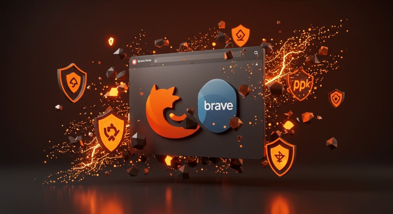 Integración del motor de Brave en Firefox 149 simbolizando mejora en privacidad web y bloqueo de anuncios con tecnología Rust.