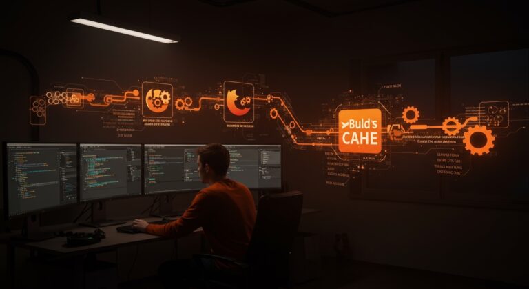 Desarrollador trabajando con compilación acelerada de Firefox usando buildcache para optimización de builds en Linux.