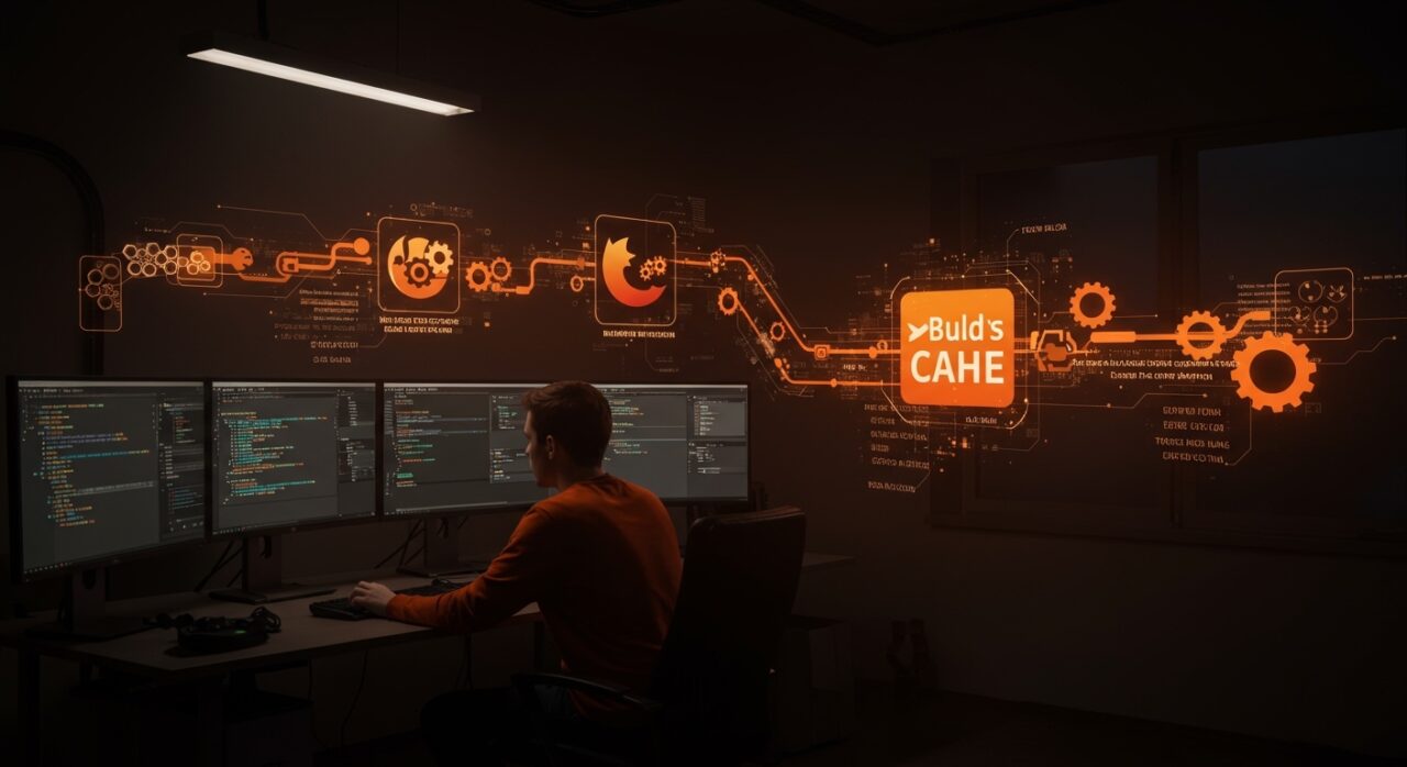 Desarrollador trabajando con compilación acelerada de Firefox usando buildcache para optimización de builds en Linux.