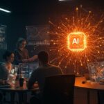 Startup founders colaborando en infraestructura de inteligencia artificial con elementos visuales que representan NVIDIA, financiación y AI soberana en un ambiente futurista.