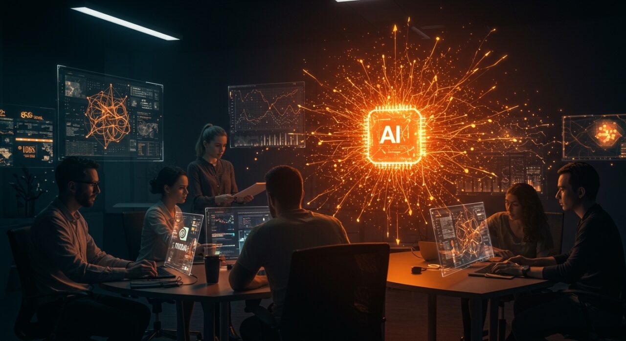 Startup founders colaborando en infraestructura de inteligencia artificial con elementos visuales que representan NVIDIA, financiación y AI soberana en un ambiente futurista.
