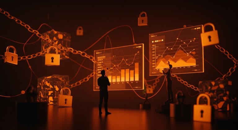 SaaS founder frente a un panel digital con metáforas visuales de privacidad y cumplimiento de CCPA en startups tecnológicas.