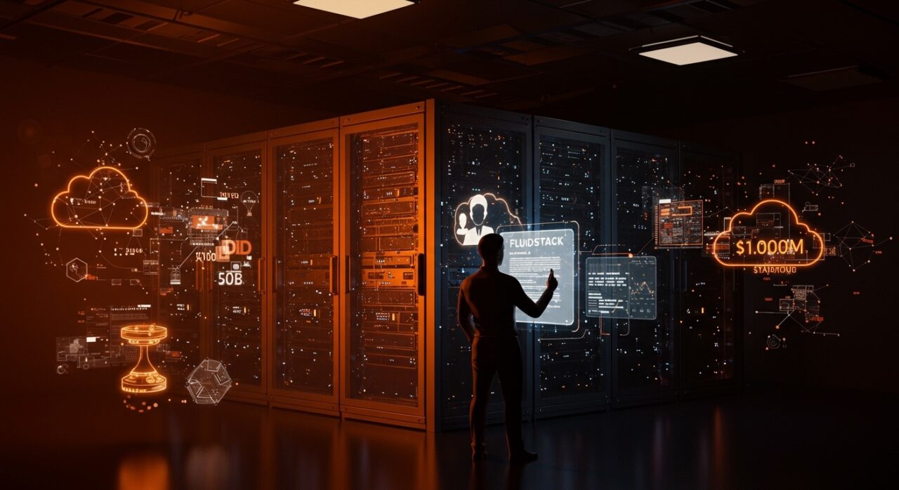 Infraestructura de inteligencia artificial y financiación startup representadas con un centro de datos futurista y hologramas del acuerdo multimillonario de FluidStack y Anthropic.