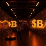 Centro de datos futurista con fundador observando crecimiento de valoración e inversión en infraestructura IA, tras ronda de financiación de Fluidstack con Anthropic.