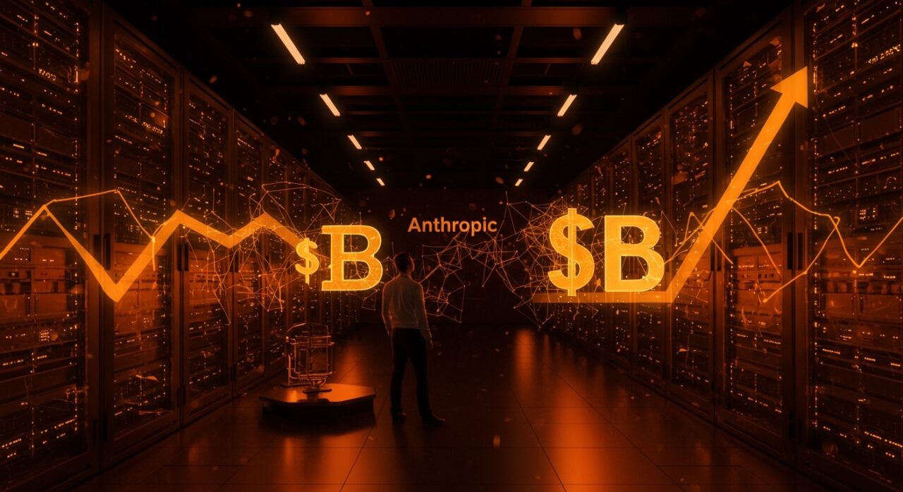 Centro de datos futurista con fundador observando crecimiento de valoración e inversión en infraestructura IA, tras ronda de financiación de Fluidstack con Anthropic.